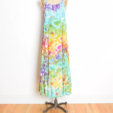 vintage 90s dress rainbow tie dye print hippie trapeze long maxi sun dress S M clothing 