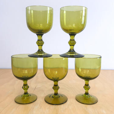 Amber Yellow Green Smoke Glass Wine Goblets, Set of 5 Vintage Midcentury Colored Barware 
