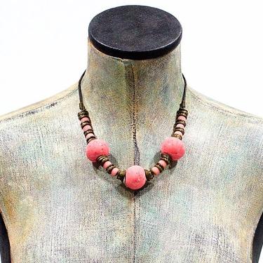 VINTAGE: Glazed Ceramic and Brass Necklace - Pink Necklace - SKU 4-B6-00011482 