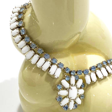 Vintage 1950s White Milk Glass Choker or Necklace W Blue Rhinestones 
