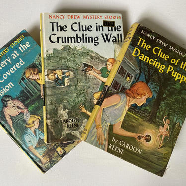 Vintage Nancy Drew Mystery Starter Kit, 3 Books. Mystery At Moss Covered Mansion, Clue Of Dancing Puppet, Clue In The Crumbling Wall 