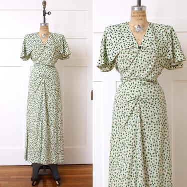 1940s rayon dress • white and green hearts &amp; vine print • full length gown with cape and keyhole back 