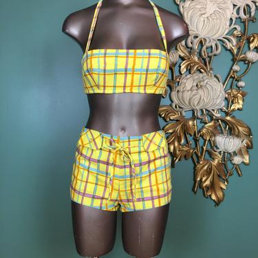 1960s swimsuit, 2 piece set, vintage bathing suit, yellow plaid, Boussac for petti, mod swimsuit, boy shorts, deadstock, bra top, x-small 24 
