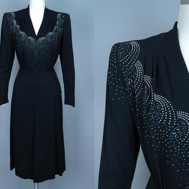 1940s STUDDED Dress | Vintage 40s Black & Silver Cocktail Dress with Long Sleeves | medium / large 