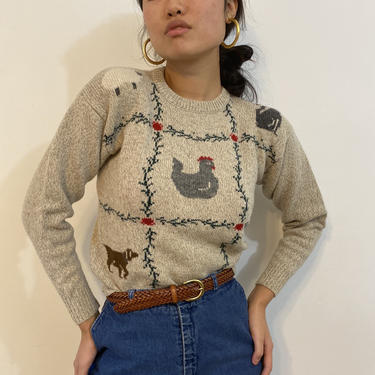 80s scenic farm folk wool sweater / vintage oatmeal rag wool hen dog farm folk sampler fair isle cropped sweater | XS S 