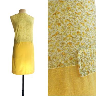 Vintage 60s yellow calico cotton day dress| bird print shift| drop waist 