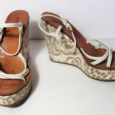 Vintage Miu Miu Prada Platform Sandals, 37.5, Strappy Sandals Women, beige taupe embroidered silk wrapped platform shoes 