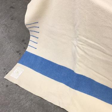 Vintage Blanket 1960s Retro Queen Size 95x90 Hudsons Bay Company + Wool + Creme and Blue + Striped + Car Blanket + Home Decor + Bedding 