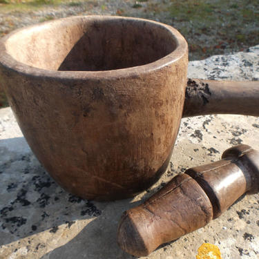 Rustic French Mortar and Pestle, Primitive Hand Hewn Wood with Unique Handle, French Farmhouse 