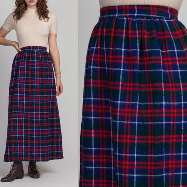 60s Plaid High Waist Maxi Skirt - Small | Vintage Blue &amp; Red Wool Long A Line Hostess Skirt 