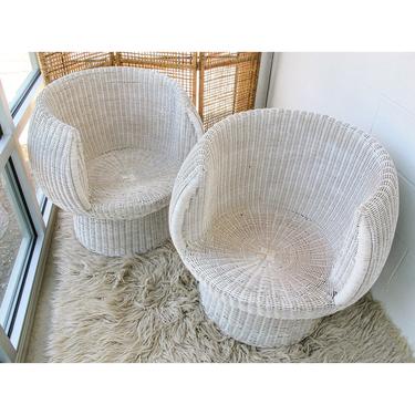 Set of Two - Distressed White Rattan/Wicker Woven Chairs 