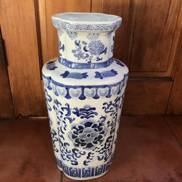 Vintage Tall Large Floor Vase Cobalt Blue And White Hand Painted Floral Vase - 19&amp;quot; - 