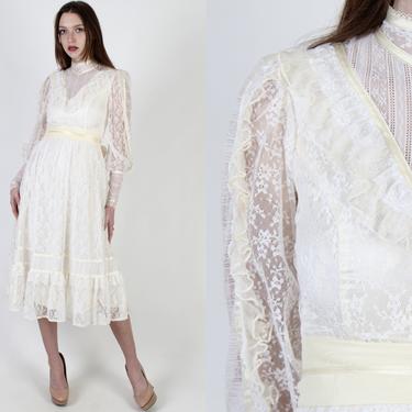Vintage 70s Victorian Gunne Sax Dress / Romantic Bridal Bohemian Wedding Gown / Jessica McClintock Renaissance Lace Midi Mini Dress 