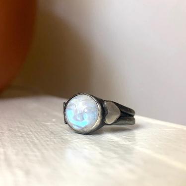 Man in the Moonstone Ring in Heavy Sterling Silver Handmade Ring with Hearts 