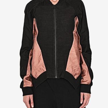 Black and Rose Asymmetric Color-Blocked Panel Bomber Jacket