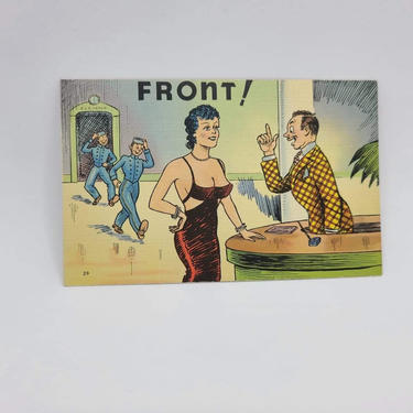 Sexist Humor “Front!” Vintage Blank Postcard - Funny Humor Postcard - Thinking of You Postcard 