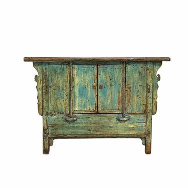 Chinese Vintage Distressed Teal Blue Green Side Table Cabinet cs6915E 