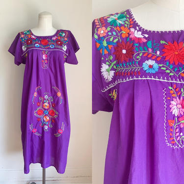 Vintage Purple Hand Embroidered Mexican Sundress / S/M 