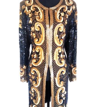 1980's Vintage GOLD SEQUIN Duster black bead duster full length kimono jacket embellished dress coat small medium 