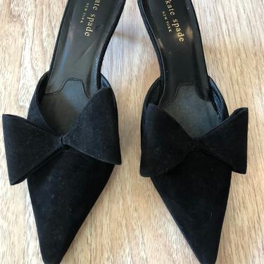 Vintage Kate Spade Black Suede With BowLow Heels Slip On Mules Made In Italy 