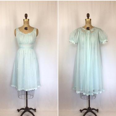 Vintage 60s Negligee set | Vintage blue sheer peignoir set | 1960s Shadowline nightgown and robe 