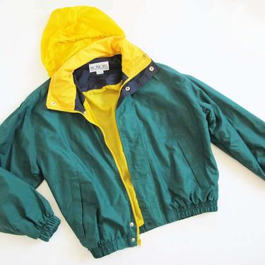 Vintage 90s Nylon Windbreaker S M - 1990s Color Block Hooded Windbreaker Jacket - Green Yellow 90s Zip Up Jacket - 90s Clothing 