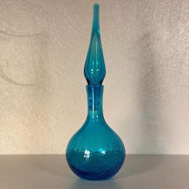 Blue Blenko Crackle Glass Decanter, Circa 1960s 