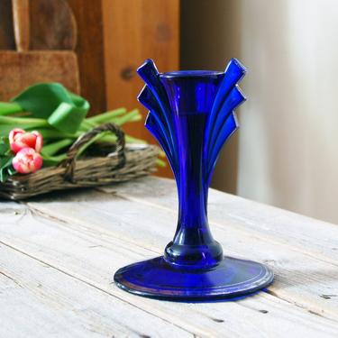 Vintage glass candle holder / cobalt blue glass art deco candlestick holder / vintage lighting / retro candle / shabby chic decor 