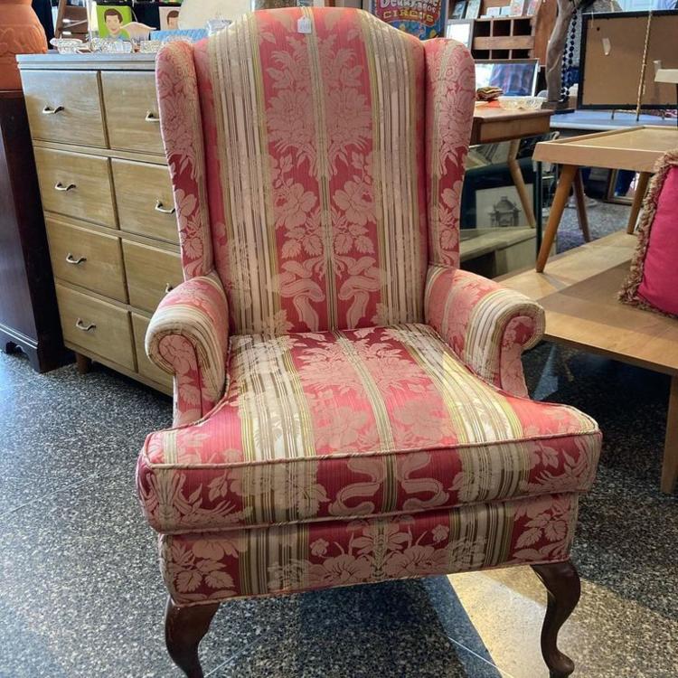 Striped floral wing back chair. 29” x 30” x 45” 
