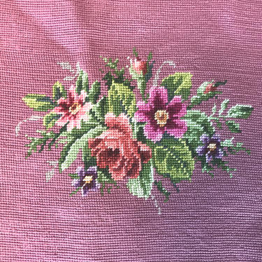 Antique Victorian Hand Made Wool Needle Point of Flowers-Mauve Pink 17&amp;quot; X 14&amp;quot; 