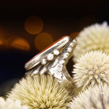 Vintage La Paglia Sterling Silver Carnelian Ring, Elongated Silver Gemstone Ring, Dark Red Carnelian Inlay, Leaf Embellishments, Size 5 1/2 
