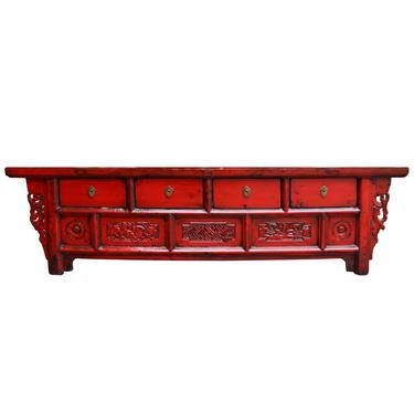 Chinese Distressed Red Lacquer Low Long TV Console Cabinet cs4895S