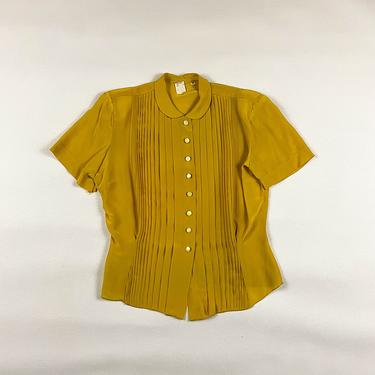 1940s Mustard Yellow Rayon Pleated Blouse / Short Sleeve / Deadstock / Medium / Rayon / M / Solid / Basics / 40s / 50s / NOS / Pintuck / 