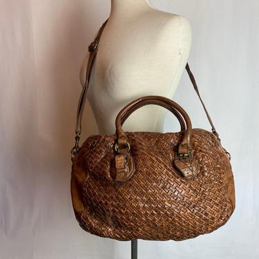 90’s Langellotti Italian woven brown leather bag X Large duffel top handles cross body washed distressed boho hippie style braided look 