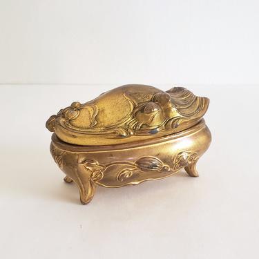 Antique Art Nouveau Trinket Box, Small Gold Jewelry Casket, Vintage Ring Box with Silk Lining 