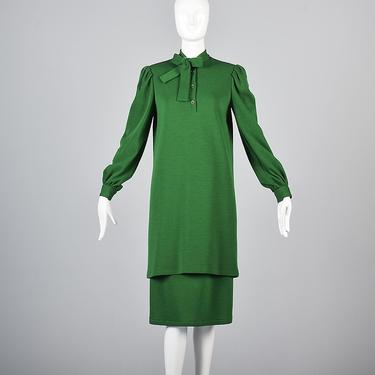 XS Bill Blass Two Piece Dress Suit Set 1970s Knit Outfit 70s Knit Mini Dress Wool Knit Skirt Kelly Green Designer Dress Fall Vintage Woman 