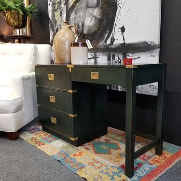 Campaign style, emerald green desk w/ gold hardware. ( 48.5 inches long. 29.5 inches high. 18 inches deep ) 