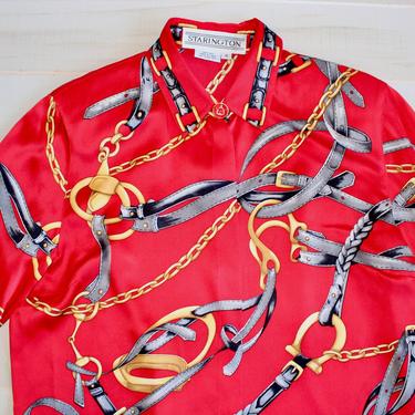 Vintage 90s 100% Silk Scarf Blouse, 1990s Red Button Up Shirt, Novelty Print, Hermes Style, Equestrian, Collar 