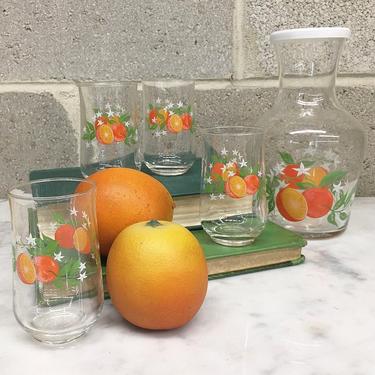 Vintage Carafe and Glasses Set Retro 1960s  Pitcher + Set of 4 Matching Glasses + Orange Juice + Beverage Serving + Home and Kitchen Decor 