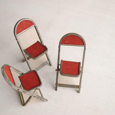 Vintage Miniature Folding Chairs, Red Metal Tiny Chair Set 