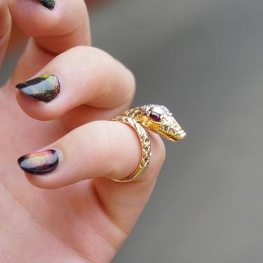 Vintage 14K Wrap Around Snake Ring With Ruby Eyes, Diamond Crusted Snake Ring With Red Eyes, Small 14K Snake Ring With Diamonds and Ruby's 