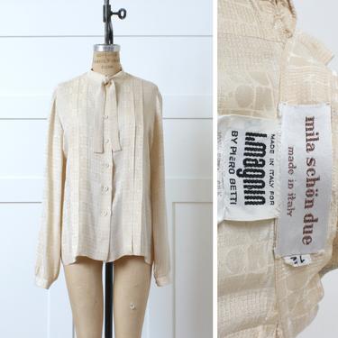 designer vintage silk blouse • 1970s 80s Mila Schön logo / font top with tie collar & puff sleeves 