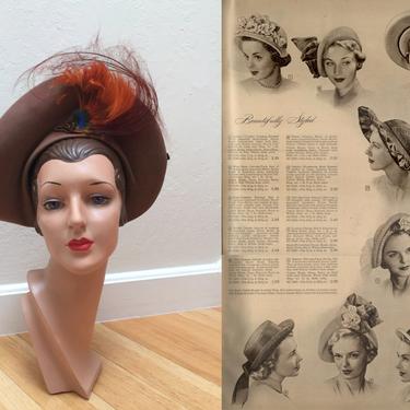 Keeping Up With European Styles - Vintage 1940s Mocha Brown Wool Felt Halo Bonnet Hat w/Feather Swirls 