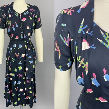 1940s Pencils & Paper Dress | Vintage 40s Day Novelty Print Dress | medium 