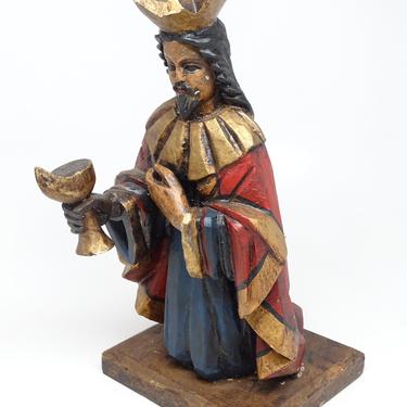 Vintage Mexican Hand Carved Polychrome Wise Man King Santos,  Primitive Religious Church Decor, Nativity Creche or Putz 