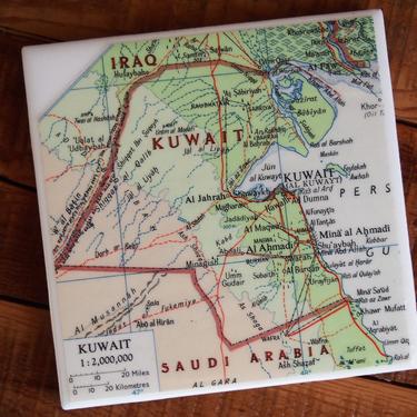 1971 Kuwait Vintage Map Coaster - Ceramic Tile - Repurposed 1970s Times Atlas - Handmade - Middle East - Persian Gulf 