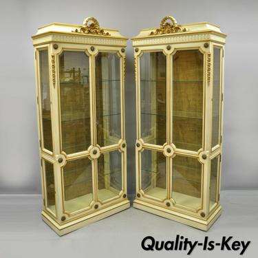 Pair Karges French Louis XV XVI Style Cream &amp; Gold Gilt Curio Display Cabinets