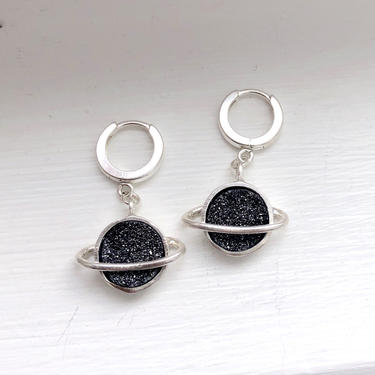 Black Druzy / Drusy Saturn Hoop Dangles in Sterling Silver The Cosmos Earring Collection Outer Space 