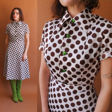 Vintage 70s Brown Polka Dot Two Piece Set/ 1970s Dagger Collar Blouse and Skirt Suit/ Size Small 