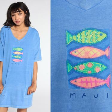 Maui Hawaii Dress Fish TShirt Dress 90s TROPICAL Fish Print Night Shirt Sleep Mini Graphic Hipster Retro Beach Dress Small Medium Large 